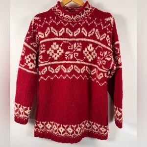 Express Tricot VTG 100% Wool Fair Isle Roll Neck Sweater Women Large Red 80s 90s